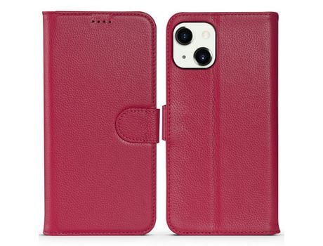 Funda de couro genuino textura de lichi con visualización horizontal y suporte rosa por iPhone 13 mini 5.4