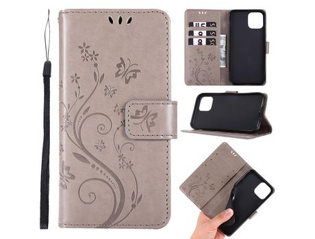 Carcasa PU polilla flor imprint Gris por Apple iPhone 12 Pro/Max 6.1
