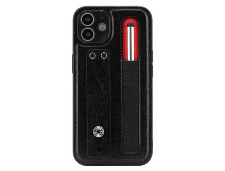 Funda TPU + PU a prueba de choques con suporte de pontapé de correia de mano con ranhura por caneta negro por iPhone 12 6.1
