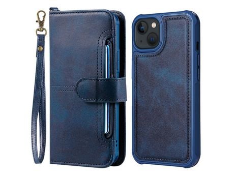 Funda PU 2 en 1 desmontable a prueba de choques Anti-lágrimas Cerrar de botón con suporte y suporte de tarjeta azul por iPhone 13 mini 5.4