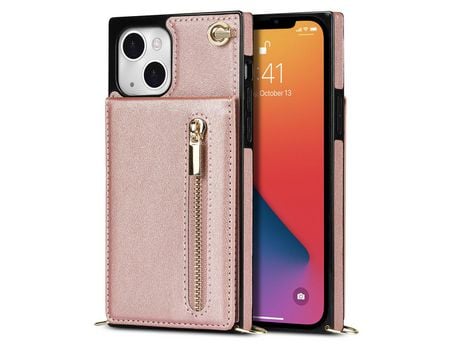Funda TPU + PU Anti-lágrimas con suporte de pontapé ranhuras por cartas y cable de segurança rosa por iPhone 13 mini 5.4