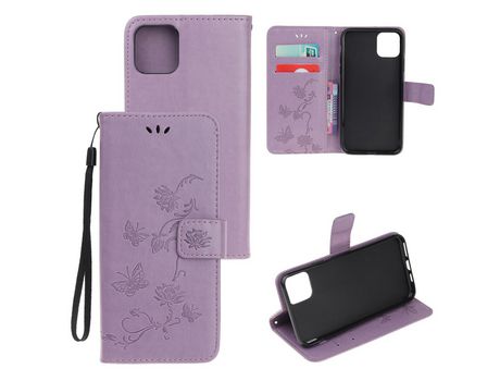 Carcasa PU imprimir flores de polilla roxo claro por Apple iPhone 12 Pro 6.1