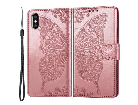 Funda PU patrón de mariposa y flor ouro rosa por iPhone XS Max 6.5