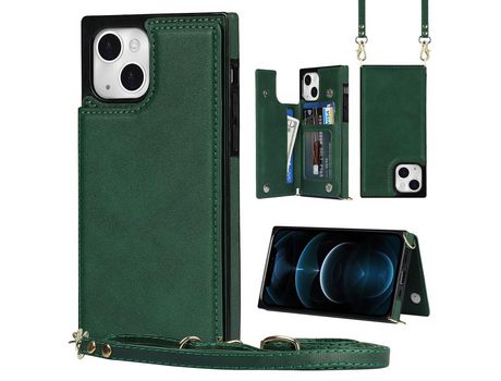 Funda TPU + PU Ocupación de deslizamento anti-roubo de cuadra de RFID con suporte y bandolera de ombro verde por iPhone 13 mini 5.4