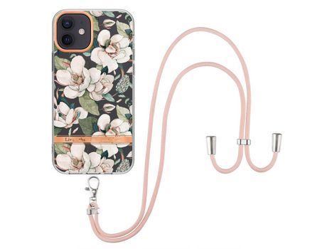 Funda TPU patrón de flores galvanoplastia con bandolera gardenia verde por iPhone 12/12 Pro 6.1