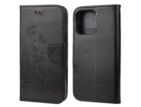 Funda PU + TPU flor y mariposa con suporte negro por iPhone 13 mini 5.4