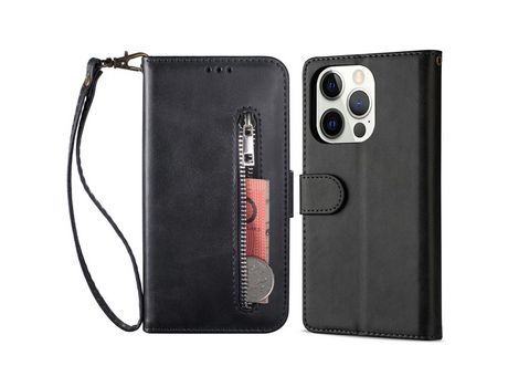 Funda PU + TPU bolso con zíper con suporte negro por iPhone 13 Pro 6.1