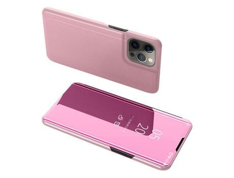Funda PU galvanizado superfície espelhada con suporte en ouro rosa y janela de visualización por iPhone 13 Pro Max 6.7