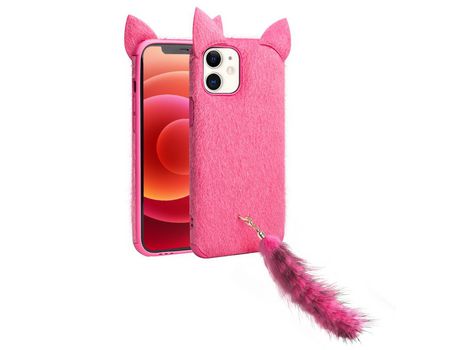 Carcasa TPU revestido de felpa simples con cauda de gato de felpa y bandolera de orelha rosa por Apple iPhone 12 mini