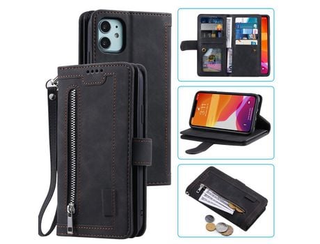 Carcasa PU bolso con estante con 9 titulares de tarjeta negro por Apple iPhone 12 5.4