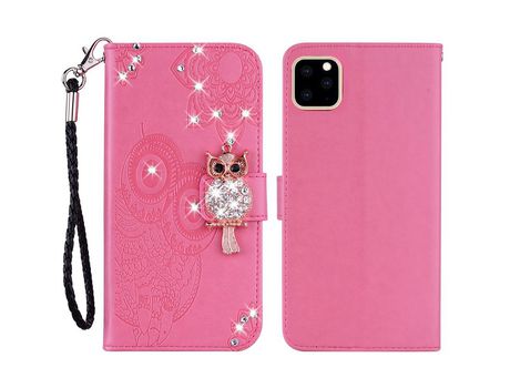 Funda PU + TPU decorazón de strass con suporte y patrón de coruja con estampa de rosas por iPhone 13 6.1