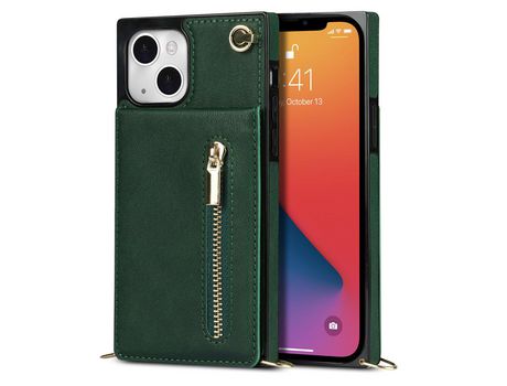 Funda TPU + PU Anti-lágrimas con suporte de pontapé ranhuras por cartas y cable de segurança verde por iPhone 13 mini 5.4