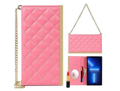 Funda PU + TPU textura de grade con espelho de maquiagem rosa por iPhone 13 mini 5.4