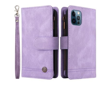 Funda PU patrón de listras con ranhuras por tarjetas y bolso con Cerrar de correr púrpura por iPhone 12/12 Pro 6.1