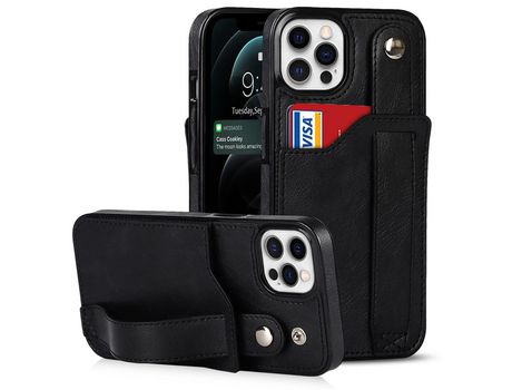 Funda TPU + PU a prueba de choques Ocupación de cuadra RFID con muleta por pulseira y porta-tarjeta negro por iPhone 12/12 Pro 6.1