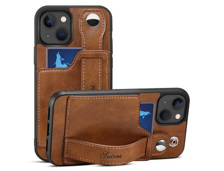 Funda TPU + PU con muleta por pulseira y porta-tarjeta marrón por iPhone 13 6.1