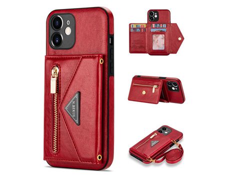 Funda PU N.BEKUS a prueba de choques con suporte de pontapé y bolso con Cerrar éclair rojo por iPhone 12 6.1