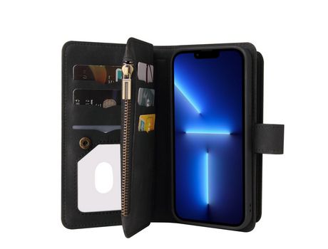 Funda PU + TPU con suporte porta-tarjetas y bolso con zíper negro por iPhone 13 Pro Max 6.7