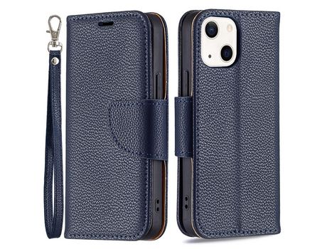 Funda PU + TPU textura de lichi con tecido azul escuro por iPhone 13 6.1
