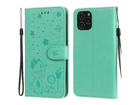 Funda PU + TPU design de gato y abelha con suporte y porta tarjeta verde por iPhone 12/12 Pro 6.1