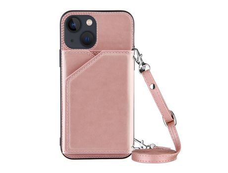Funda TPU + PU con suporte porta-tarjetas con bandolera de ombro en ouro rosa por iPhone 13 6.1