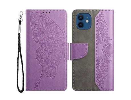 Funda PU patrón de mariposa y flor púrpura por iPhone 12/12 Pro 6.1