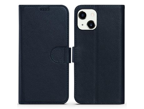 Funda de couro genuino textura de lichi con visualización horizontal y fundo azul por iPhone 13 mini 5.4