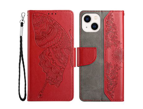 Funda PU patrón de mariposa y flor con soporte rojo por iPhone 13 6.1