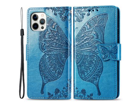 Funda PU patrón de mariposa y flor Cerrar magnético con soporte azul por iPhone 12 Pro Max 6.7