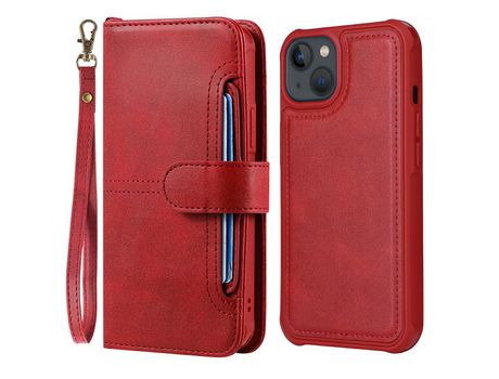 Funda PU 2 en 1 desmontable con ranhuras por tarjetas y Cerrar de botones rojo por iPhone 13 6.1