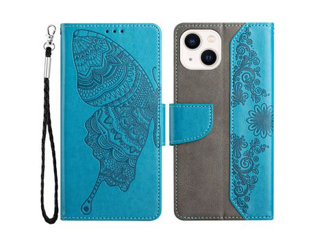 Funda PU patrón de mariposa y flor con soporte azul por iPhone 13 6.1