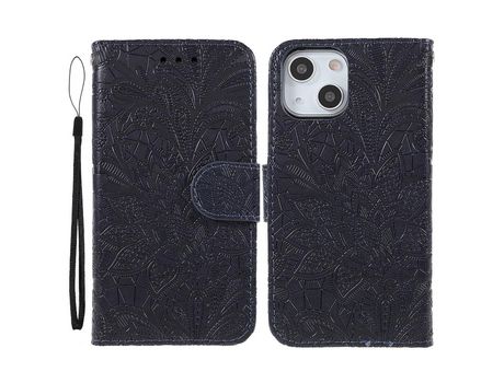Funda PU patrón de renda y flores negro por iPhone 13 6.1