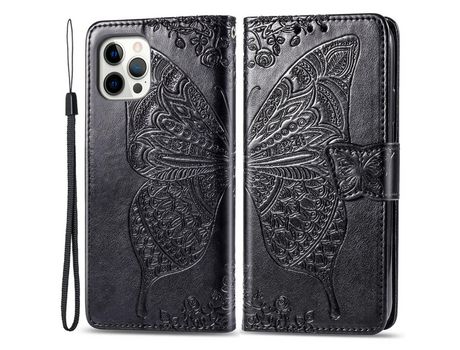 Funda PU patrón de mariposa y flor Cerrar magnético con soporte negro por iPhone 12 Pro Max 6.7