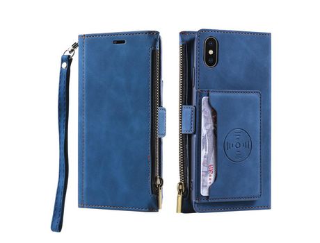 Funda PU + TPU zíper multifuncional con suporte y bandolera azul por iPhone XS Max 6.5