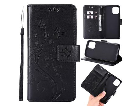 Carcasa PU polilla flor imprint con bandolera negro por Apple iPhone 12 5.4