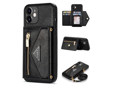 Funda PU N.BEKUS Anti-lágrimas con muleta y tanga negro por iPhone 12 mini 5.4