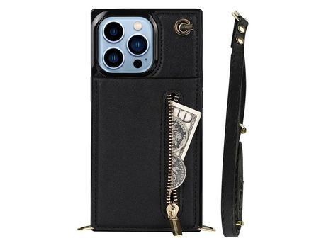 Funda TPU + PU con suporte y bandolera de ombro negro por iPhone 13 Pro 6.1