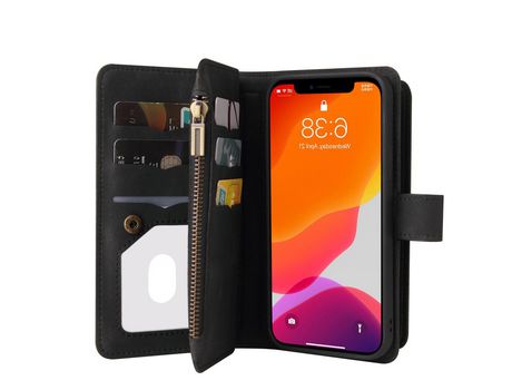 Funda PU + TPU con suporte porta-tarjetas y bolso con zíper negro por iPhone 12 Pro Max 6.7