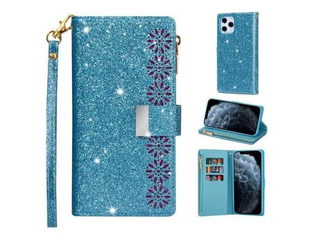 Carcasa PU reluzente estilo estrelado zipper escultura de laser azul por Apple iPhone 12 Max/12 Pro 6.1
