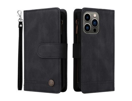 Funda PU patrón de listras con ranhuras por tarjetas y bolso con Cerrar de correr negro por iPhone 13 Pro 6.1