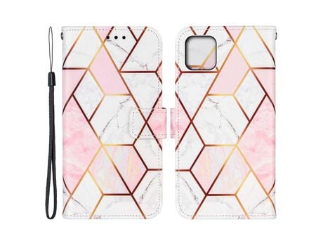 Funda PU + TPU patrón de mármol con suporte y bandolera rosa/branco por iPhone 13 mini 5.4