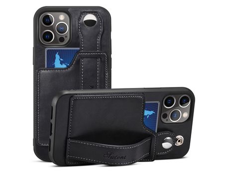 Funda TPU + PU con muleta por pulseira y porta-tarjeta negro por iPhone 12 Pro Max 6.7