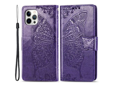 Funda PU patrón de mariposa y flor Cerrar magnético con soporte púrpura por iPhone 12 Pro Max 6.7