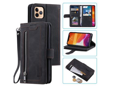 Carcasa PU bolso con estante con 9 titulares de tarjeta negro por Apple iPhone 12 Pro/iPhone 12 Max 6.1