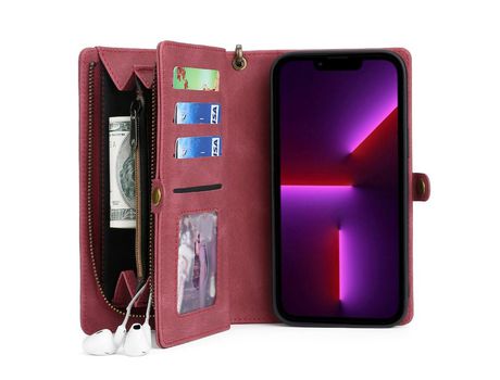 Funda PU con bolso con Cerrar de correr rojo por iPhone 13 Pro Max 6.7