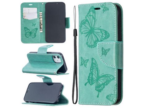Carcasa PU polilla imprint con apoyo cian por Apple iPhone 12 5.4