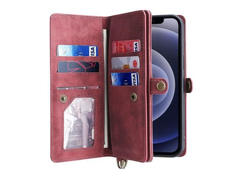 Funda PU a prueba de choques desmontable 2 en 1 magnético con soporte rojo por iPhone 12 6.1