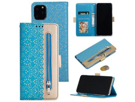 Carcasa PU pocket zipper flor rendas azul por Apple iPhone 12 Pro/12 Max 6.1