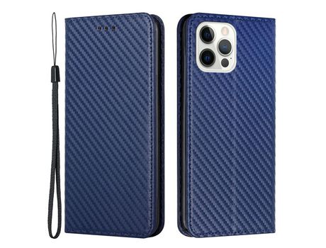 Funda PU textura de fibra de carbono con suporte magnético azul por iPhone 12/12 Pro 6.1