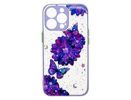 Funda TPU Anti-lágrimas mariposa flor roxa por iPhone 13 Pro Max 6.7